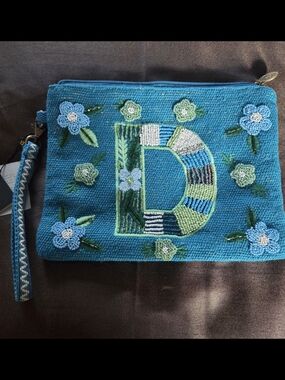 America & Beyond NWT Initial D Embroidered and Beaded Blue/Teal Wristlet Clutch